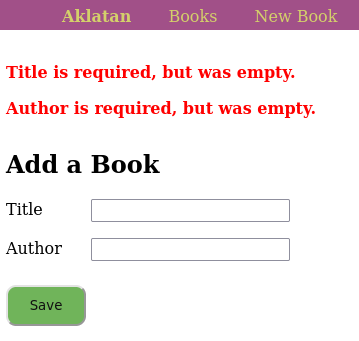 Screenshot of the New Book form with errors and styling.