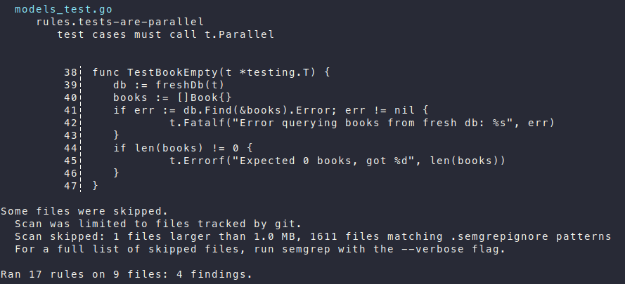 Screenshot of a portion of semgrep&rsquo;s output, before fixing warnings.